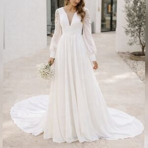 Unbranded Bishop Sleeve Sequin Plunge Chiffon V Neck White Wedding Dress sz 6